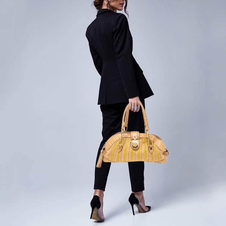 Pre Owned Versace Beige & Yellow Leather and Croc Embossed Leather Woven Detailed Bowler Bag