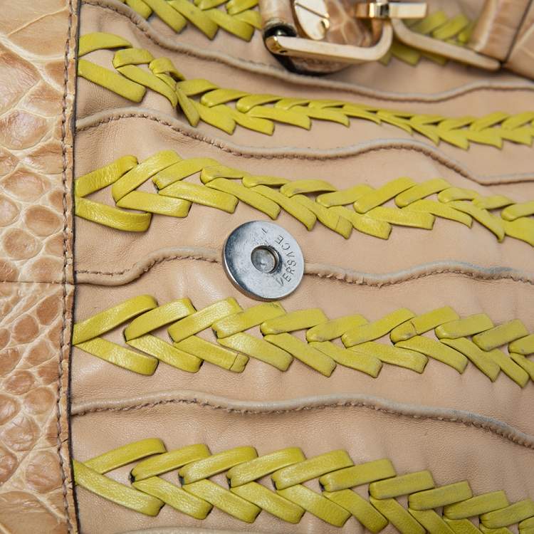 Pre Owned Versace Beige & Yellow Leather and Croc Embossed Leather Woven Detailed Bowler Bag
