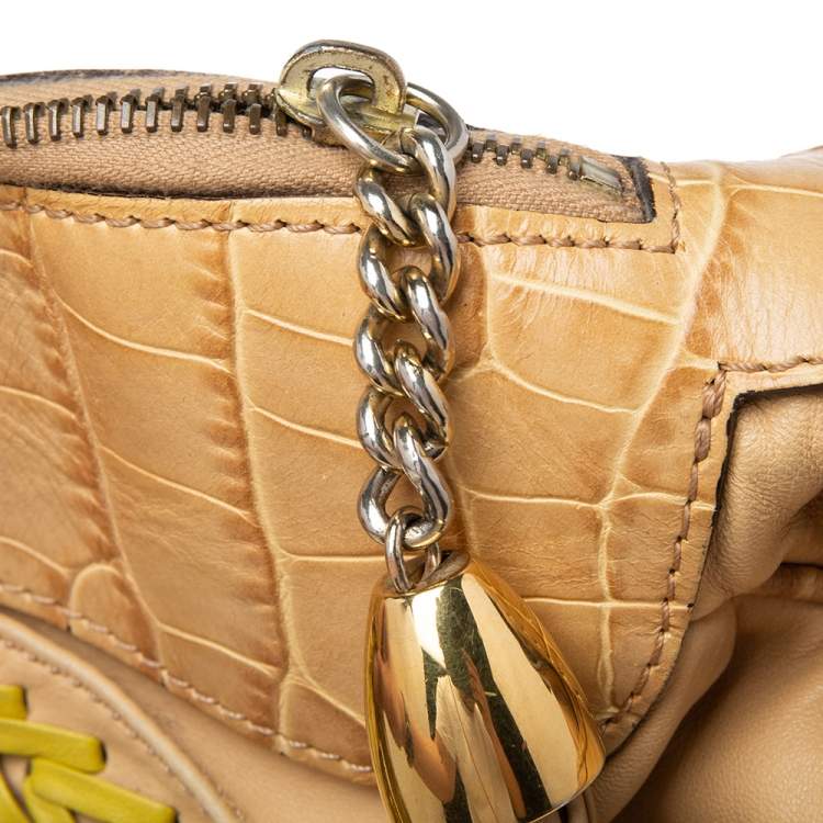 Pre Owned Versace Beige & Yellow Leather and Croc Embossed Leather Woven Detailed Bowler Bag