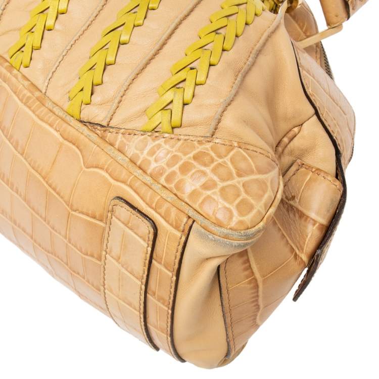 Pre Owned Versace Beige & Yellow Leather and Croc Embossed Leather Woven Detailed Bowler Bag