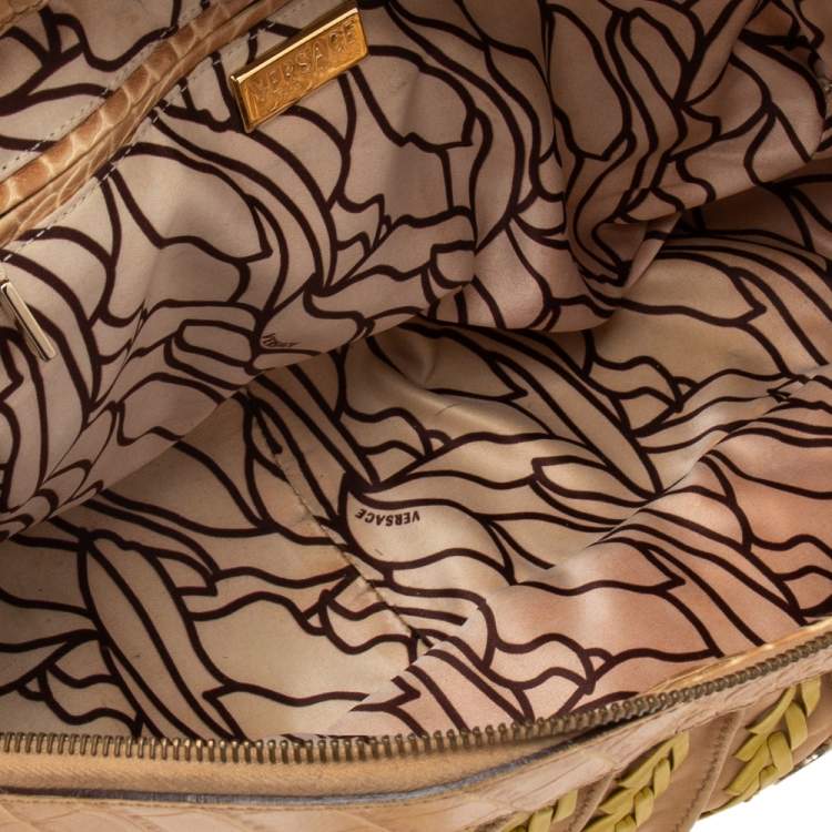Pre Owned Versace Beige & Yellow Leather and Croc Embossed Leather Woven Detailed Bowler Bag