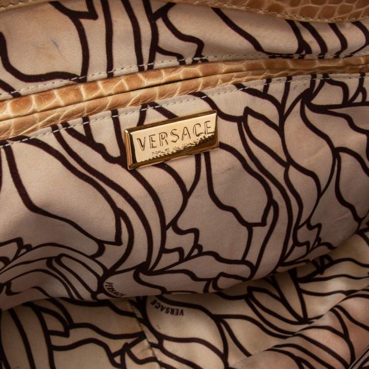 Pre Owned Versace Beige & Yellow Leather and Croc Embossed Leather Woven Detailed Bowler Bag
