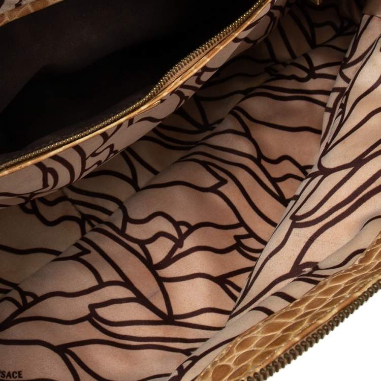 Pre Owned Versace Beige & Yellow Leather and Croc Embossed Leather Woven Detailed Bowler Bag