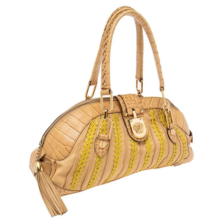 Pre Owned Versace Beige & Yellow Leather and Croc Embossed Leather Woven Detailed Bowler Bag