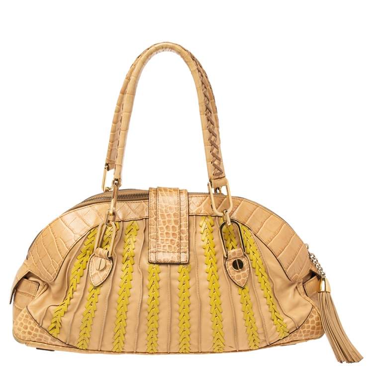 Pre Owned Versace Beige & Yellow Leather and Croc Embossed Leather Woven Detailed Bowler Bag