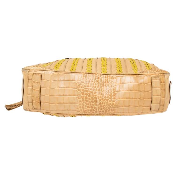 Pre Owned Versace Beige & Yellow Leather and Croc Embossed Leather Woven Detailed Bowler Bag