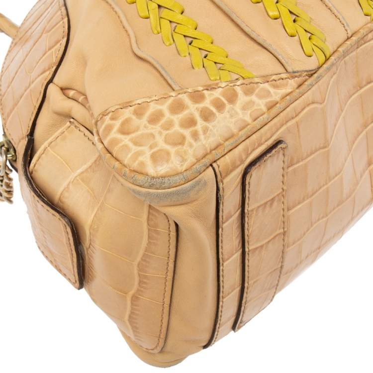 Pre Owned Versace Beige & Yellow Leather and Croc Embossed Leather Woven Detailed Bowler Bag