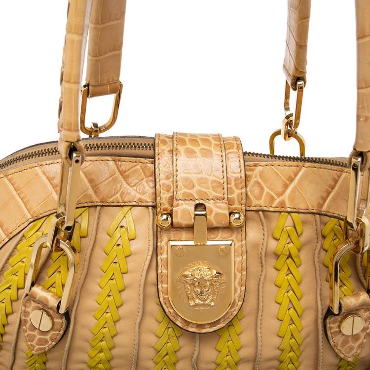 Pre Owned Versace Beige & Yellow Leather and Croc Embossed Leather Woven Detailed Bowler Bag
