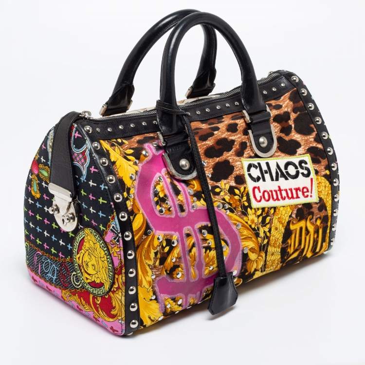 Pre Owned Versace Multicolor Archival Print Canvas and Leather Chaos Couture Studded Boston Bag 