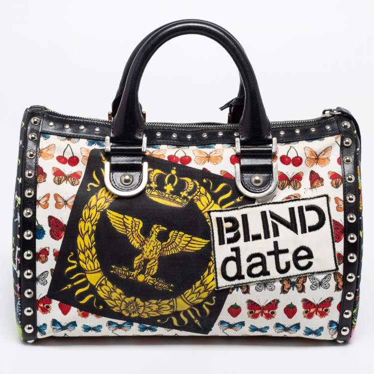 Pre Owned Versace Multicolor Archival Print Canvas and Leather Chaos Couture Studded Boston Bag 