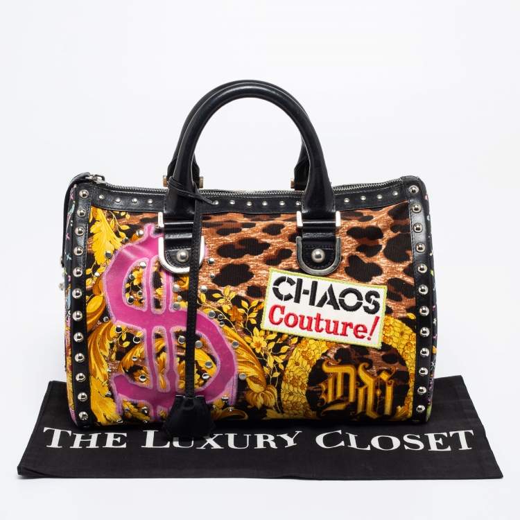 Pre Owned Versace Multicolor Archival Print Canvas and Leather Chaos Couture Studded Boston Bag 