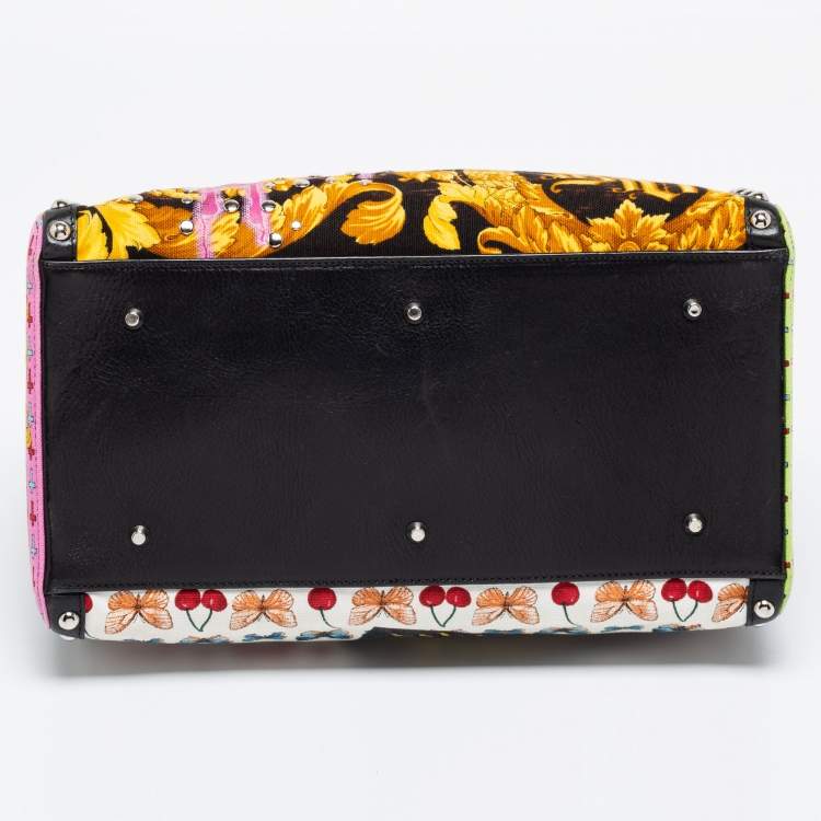 Pre Owned Versace Multicolor Archival Print Canvas and Leather Chaos Couture Studded Boston Bag 