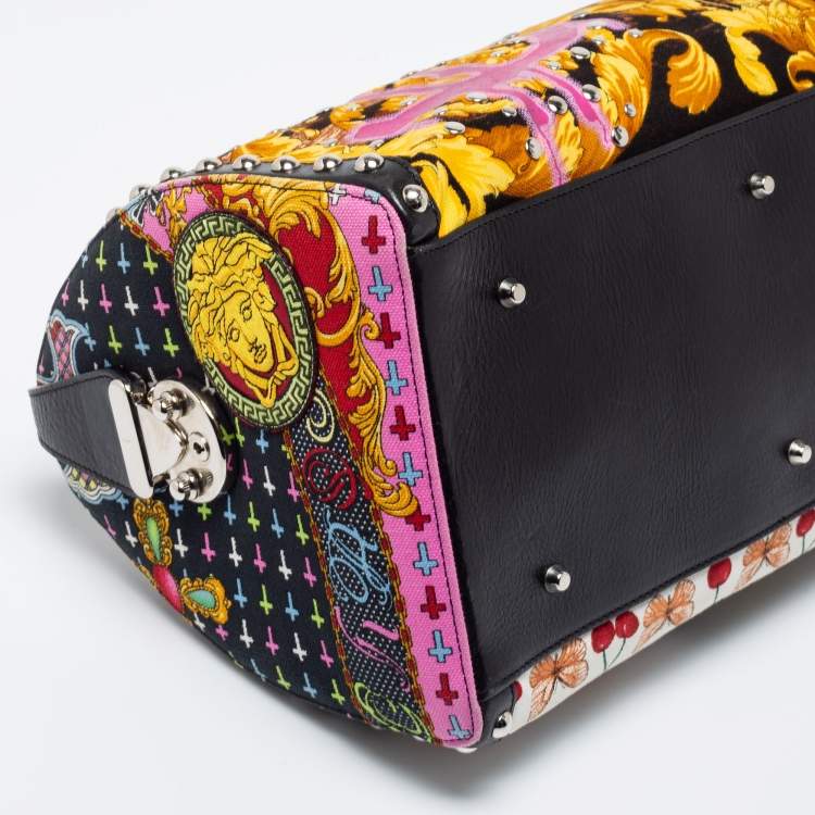 Pre Owned Versace Multicolor Archival Print Canvas and Leather Chaos Couture Studded Boston Bag 