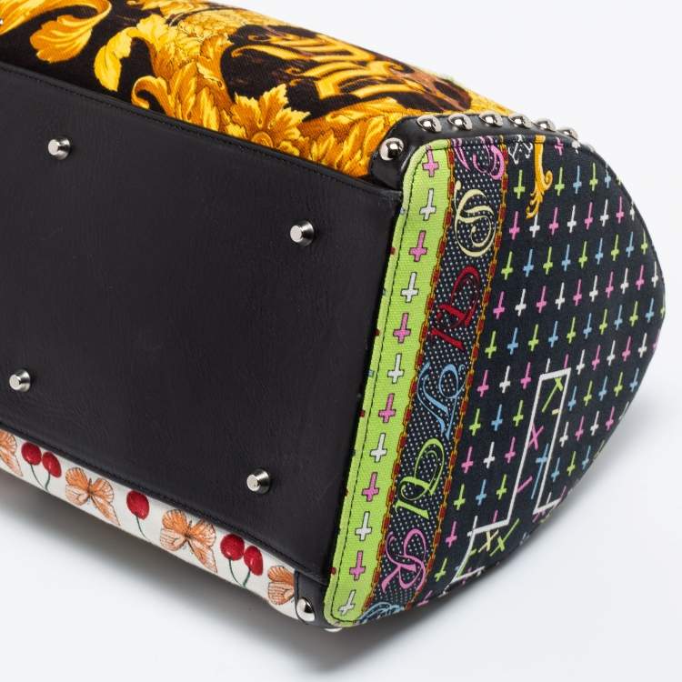 Pre Owned Versace Multicolor Archival Print Canvas and Leather Chaos Couture Studded Boston Bag 