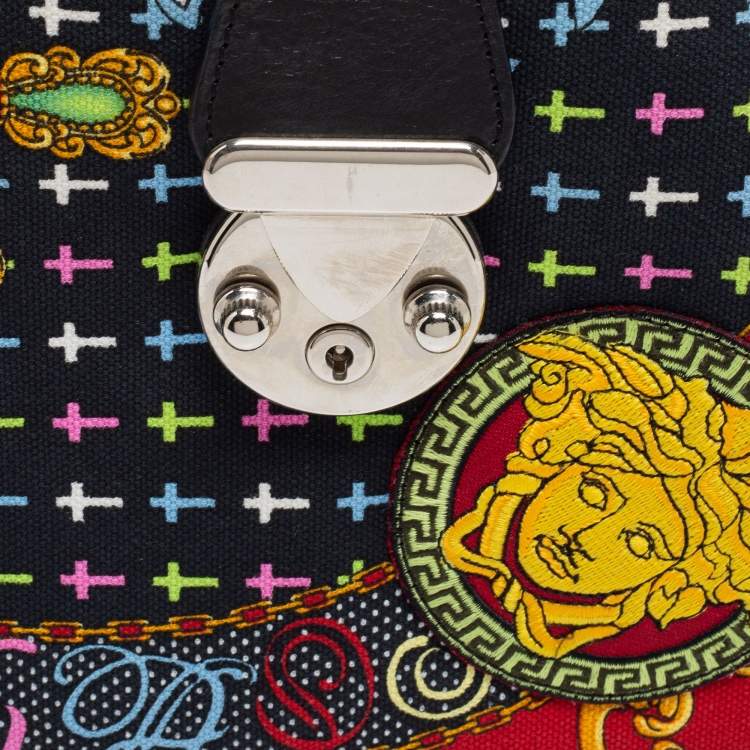 Pre Owned Versace Multicolor Archival Print Canvas and Leather Chaos Couture Studded Boston Bag 
