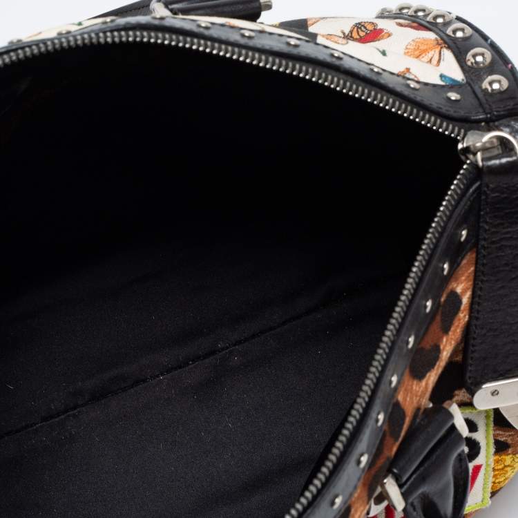 Pre Owned Versace Multicolor Archival Print Canvas and Leather Chaos Couture Studded Boston Bag 