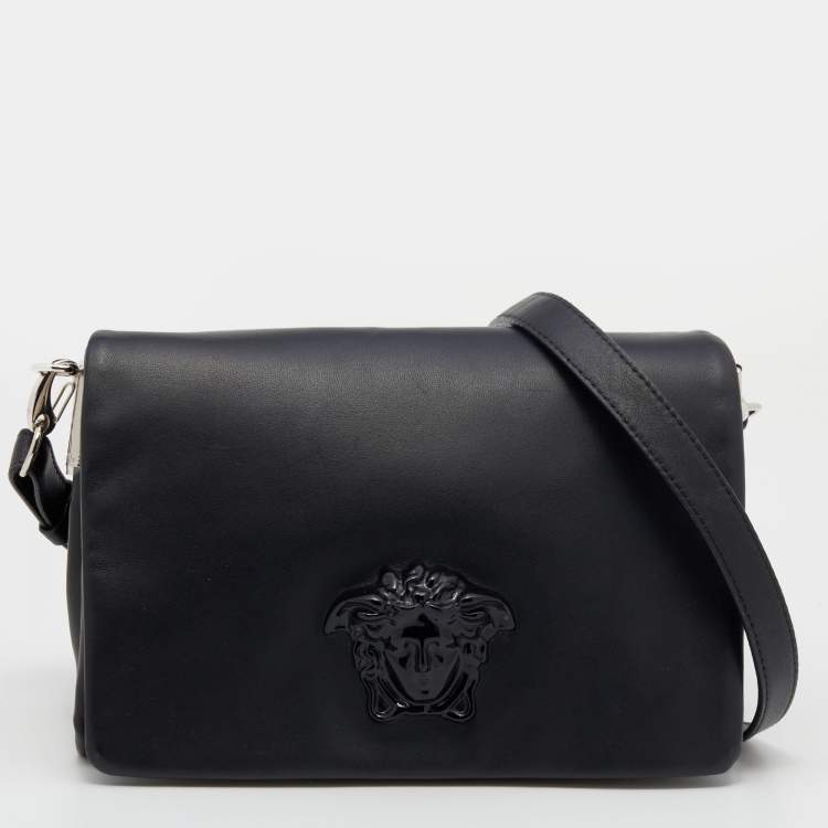 Pre Owned Versace Black Leather Medusa Crossbody Bag