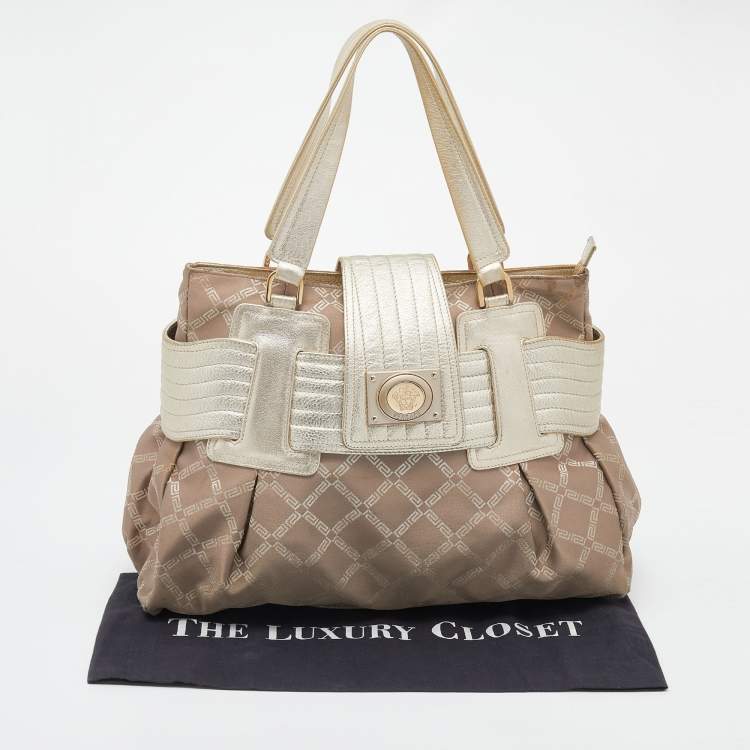 Pre Owned Versace Gold Signature Fabric and Leather Medusa Buckle Satchel