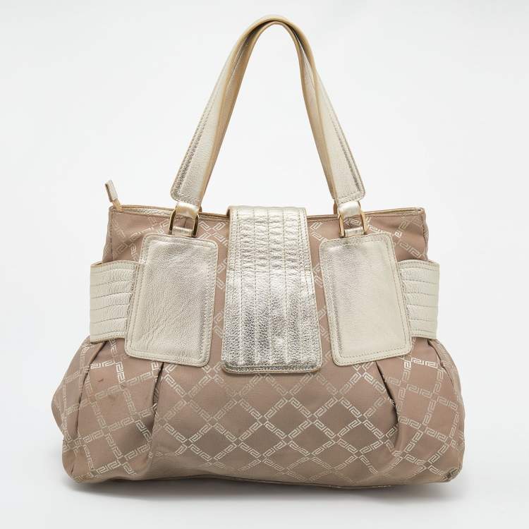 Pre Owned Versace Gold Signature Fabric and Leather Medusa Buckle Satchel