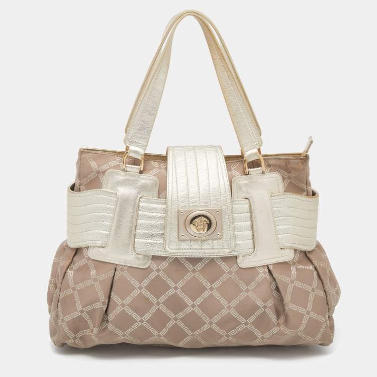 Pre Owned Versace Gold Signature Fabric and Leather Medusa Buckle Satchel