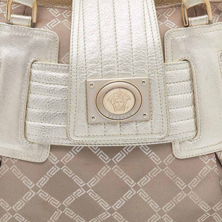 Pre Owned Versace Gold Signature Fabric and Leather Medusa Buckle Satchel