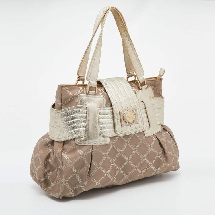 Pre Owned Versace Gold Signature Fabric and Leather Medusa Buckle Satchel