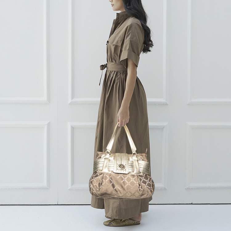 Pre Owned Versace Gold Signature Fabric and Leather Medusa Buckle Satchel