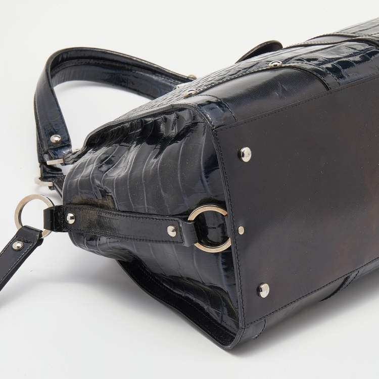 Pre Owned Versace Navy Blue/Black Croc Embossed Patent Leather and Coated Canvas Medusa Buckle Satchel