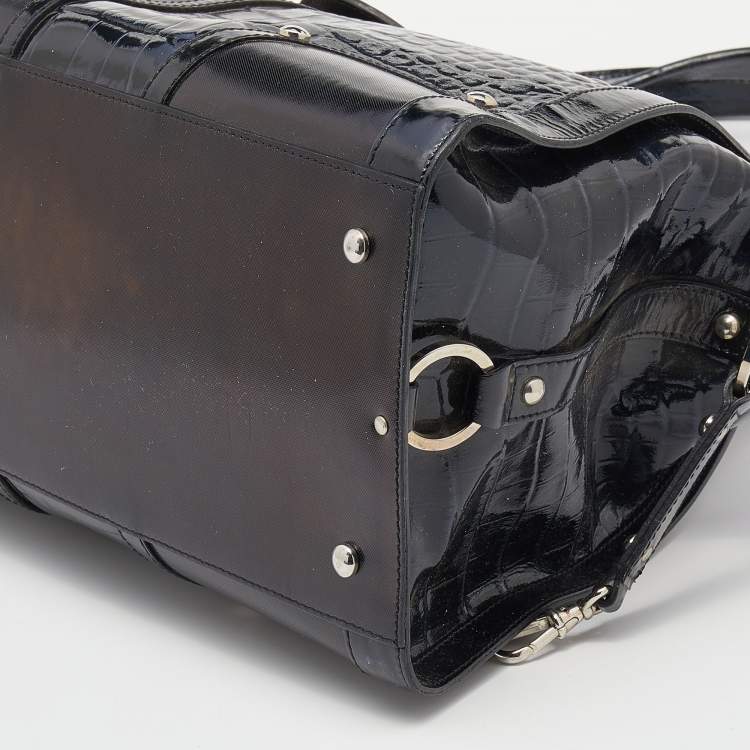 Pre Owned Versace Navy Blue/Black Croc Embossed Patent Leather and Coated Canvas Medusa Buckle Satchel