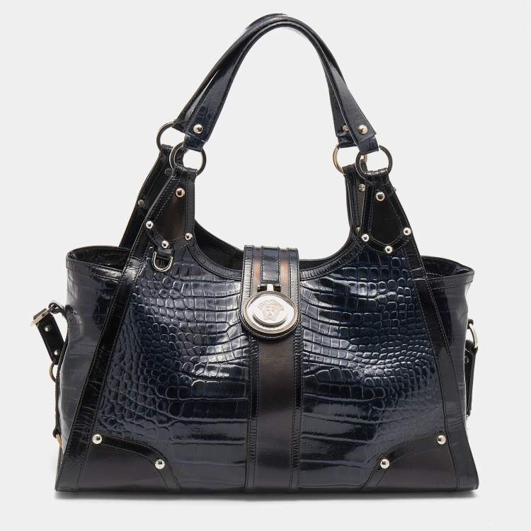 Pre Owned Versace Navy Blue/Black Croc Embossed Patent Leather and Coated Canvas Medusa Buckle Satchel