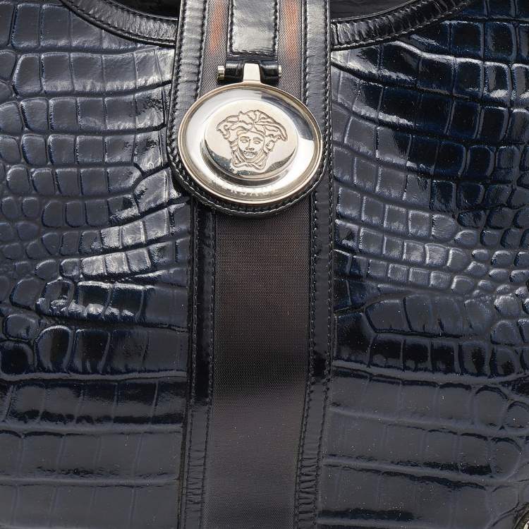Pre Owned Versace Navy Blue/Black Croc Embossed Patent Leather and Coated Canvas Medusa Buckle Satchel