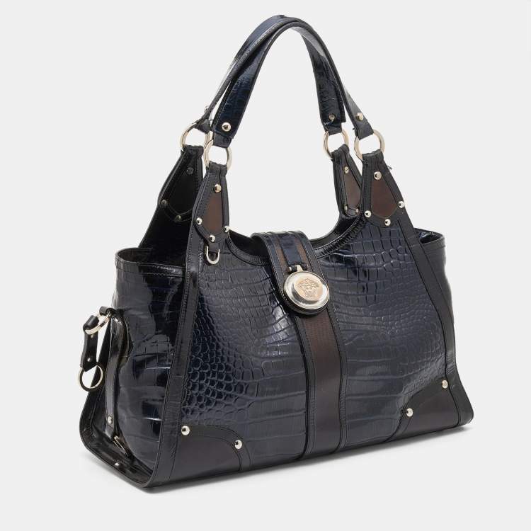 Pre Owned Versace Navy Blue/Black Croc Embossed Patent Leather and Coated Canvas Medusa Buckle Satchel