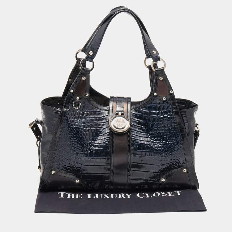 Pre Owned Versace Navy Blue/Black Croc Embossed Patent Leather and Coated Canvas Medusa Buckle Satchel