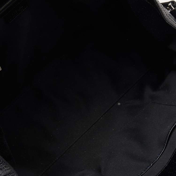 Pre Owned Versace Navy Blue/Black Croc Embossed Patent Leather and Coated Canvas Medusa Buckle Satchel