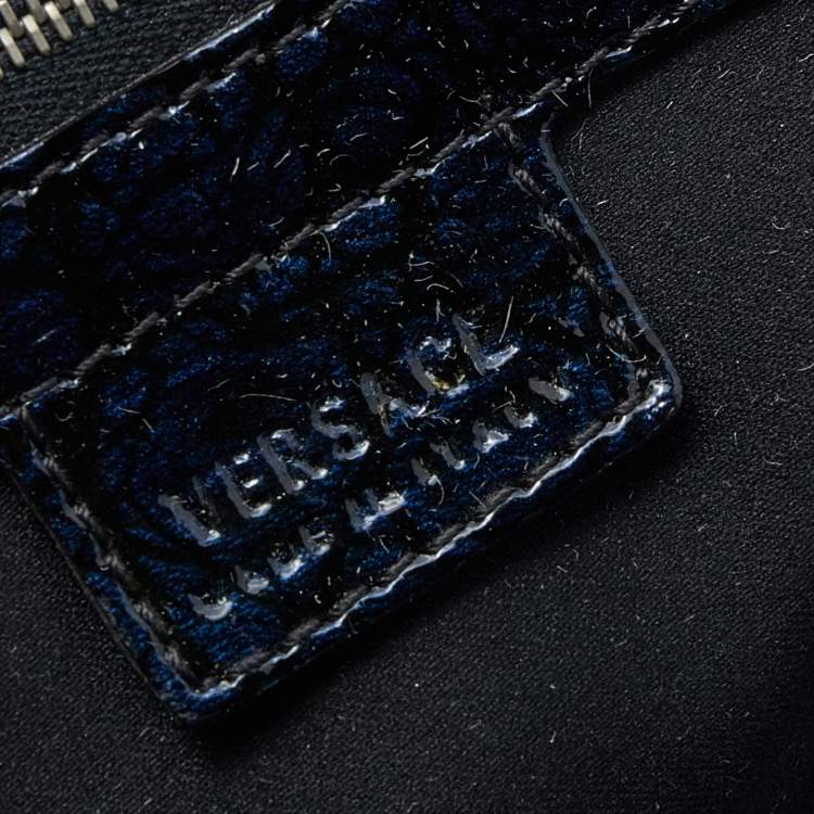Pre Owned Versace Navy Blue/Black Croc Embossed Patent Leather and Coated Canvas Medusa Buckle Satchel
