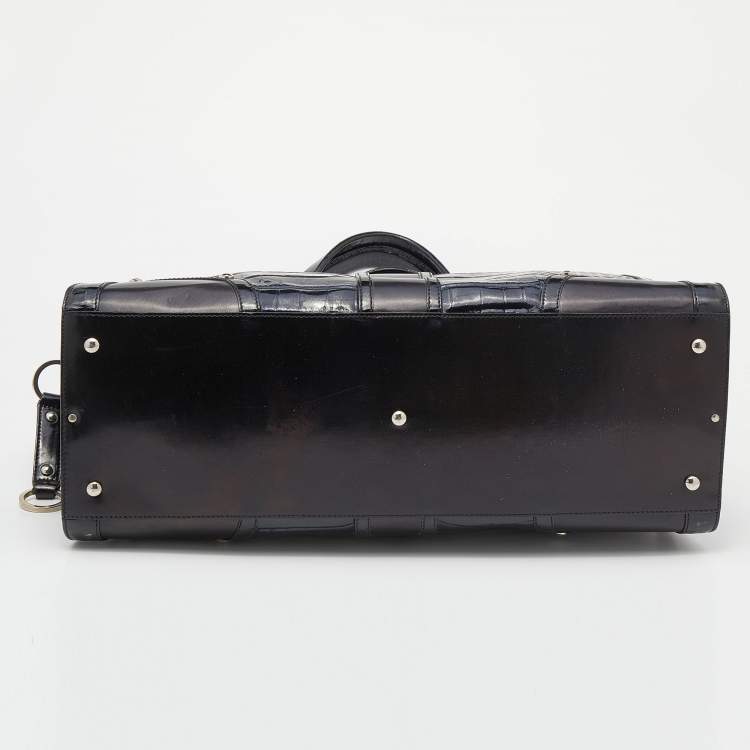 Pre Owned Versace Navy Blue/Black Croc Embossed Patent Leather and Coated Canvas Medusa Buckle Satchel