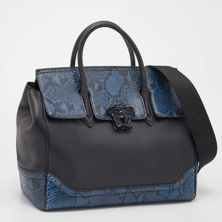Pre Owned Versace Black/Blue Python And Leather Medusa Palazzo Empire Tote