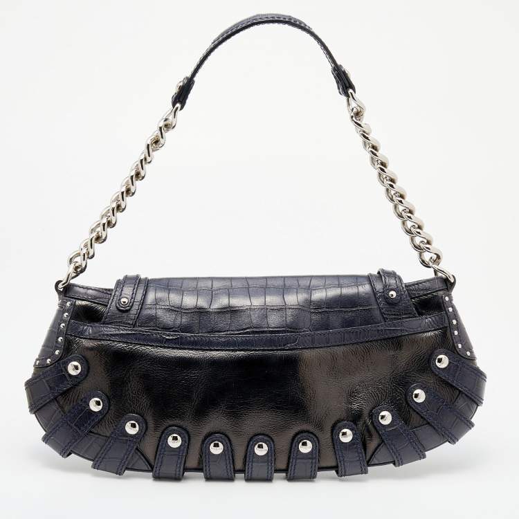 Pre Owned Versace Navy Blue/Black Croc Embossed and Patent Leather Shoulder Bag