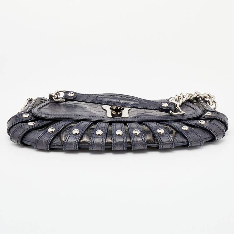 Pre Owned Versace Navy Blue/Black Croc Embossed and Patent Leather Shoulder Bag