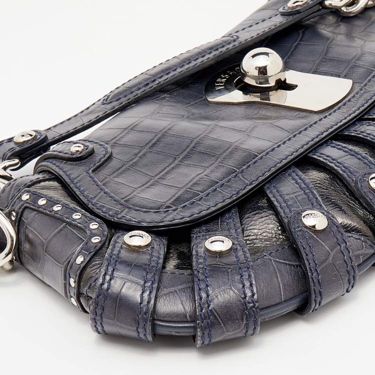 Pre Owned Versace Navy Blue/Black Croc Embossed and Patent Leather Shoulder Bag