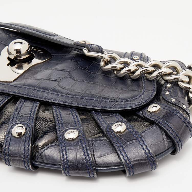 Pre Owned Versace Navy Blue/Black Croc Embossed and Patent Leather Shoulder Bag