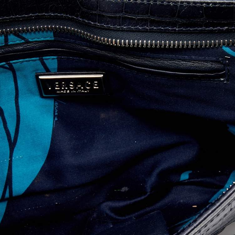 Pre Owned Versace Navy Blue/Black Croc Embossed and Patent Leather Shoulder Bag