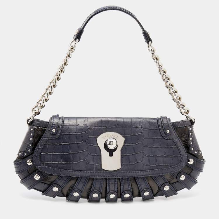 Pre Owned Versace Navy Blue/Black Croc Embossed and Patent Leather Shoulder Bag