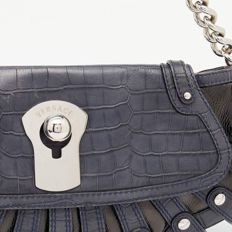 Pre Owned Versace Navy Blue/Black Croc Embossed and Patent Leather Shoulder Bag