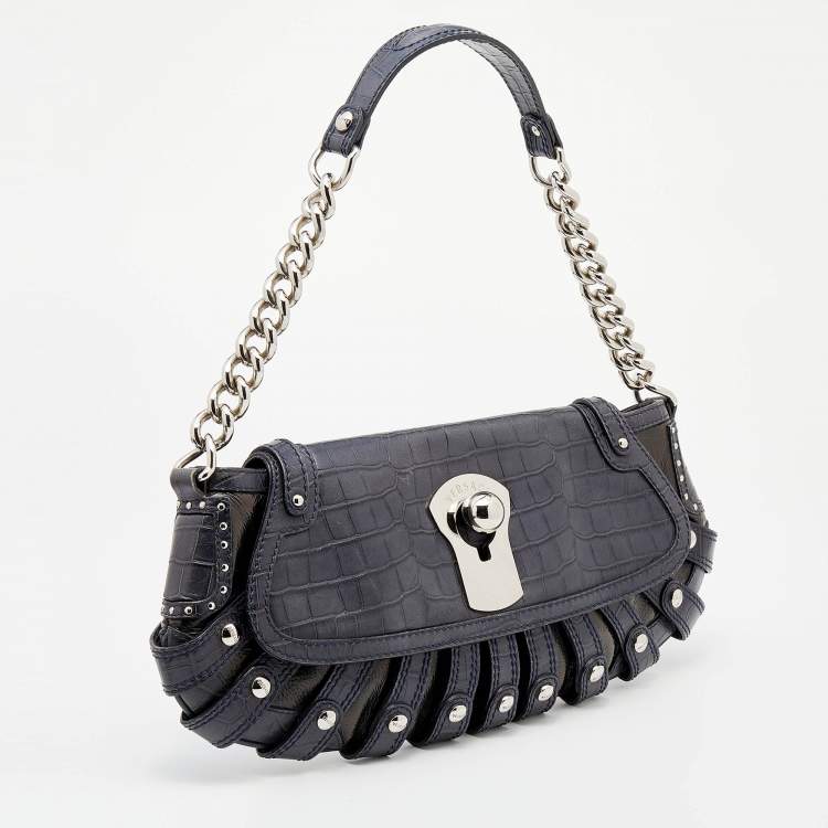 Pre Owned Versace Navy Blue/Black Croc Embossed and Patent Leather Shoulder Bag