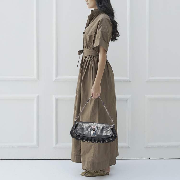 Pre Owned Versace Navy Blue/Black Croc Embossed and Patent Leather Shoulder Bag