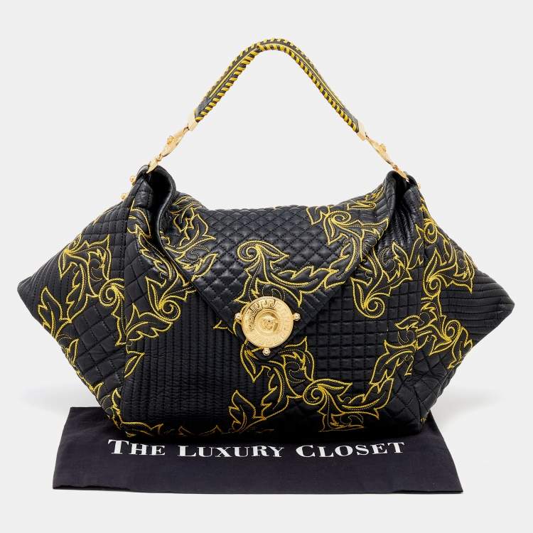 Pre Owned Versace Black/Yellow Barocco Leather Floral Stitch Hobo