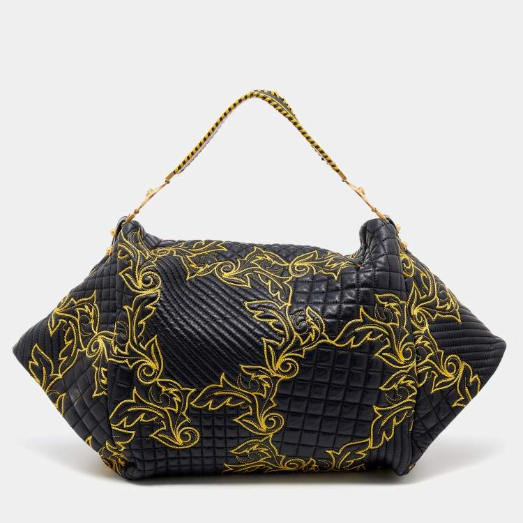 Pre Owned Versace Black/Yellow Barocco Leather Floral Stitch Hobo