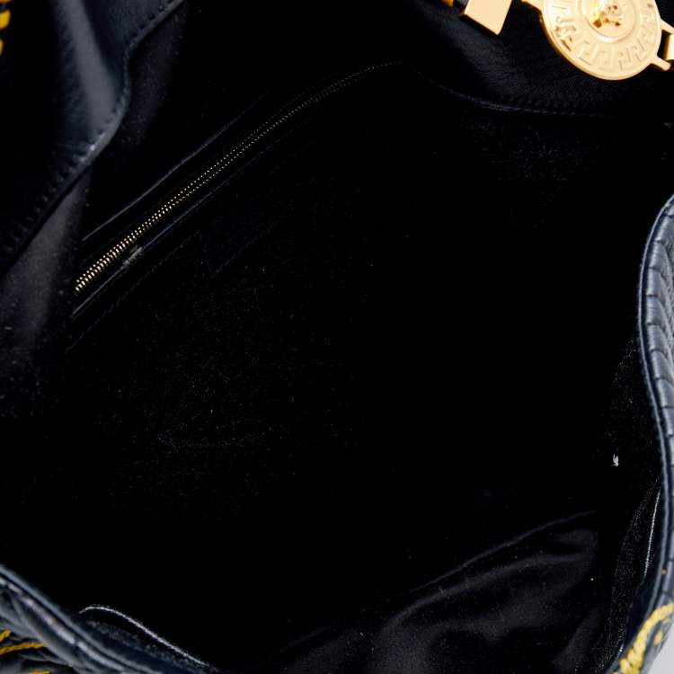 Pre Owned Versace Black/Yellow Barocco Leather Floral Stitch Hobo