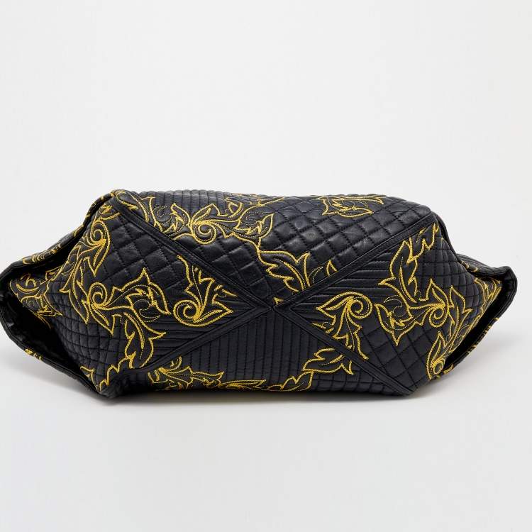 Pre Owned Versace Black/Yellow Barocco Leather Floral Stitch Hobo